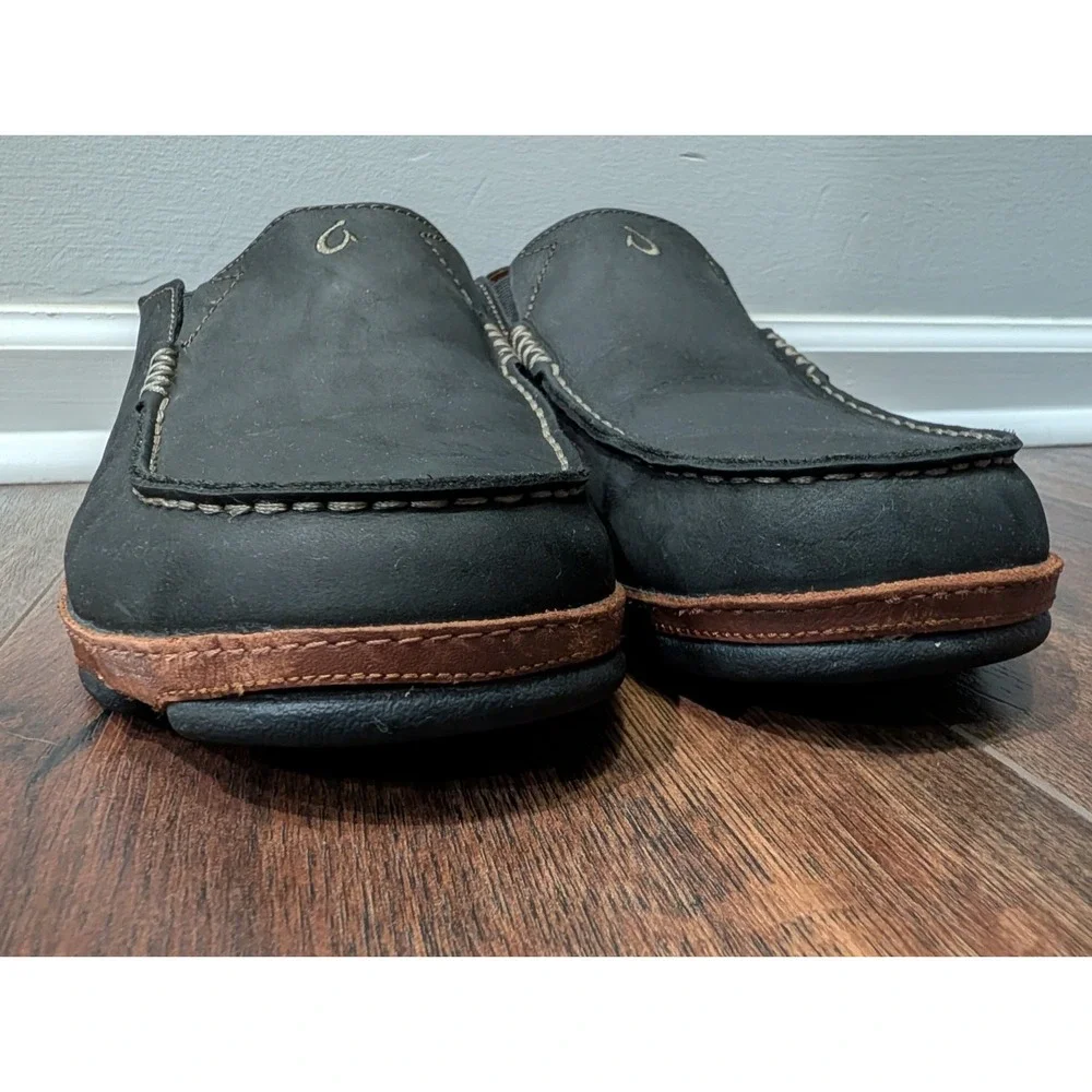 OluKai Mens Moloā Leather Slip On Shoes Black Toffee Size 11.5 Nubuck Drop Heel